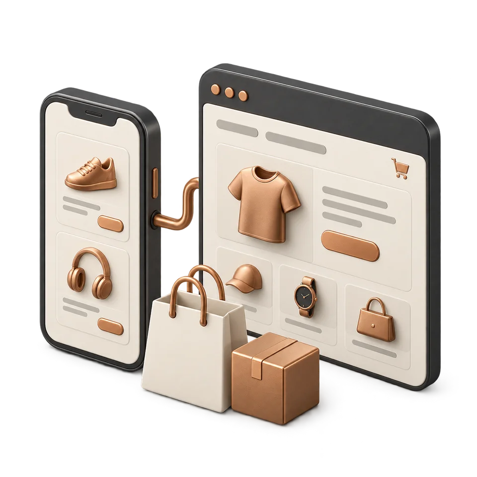 Connected mobile, web and shopping modules illustrate app, web and ecommerce development.