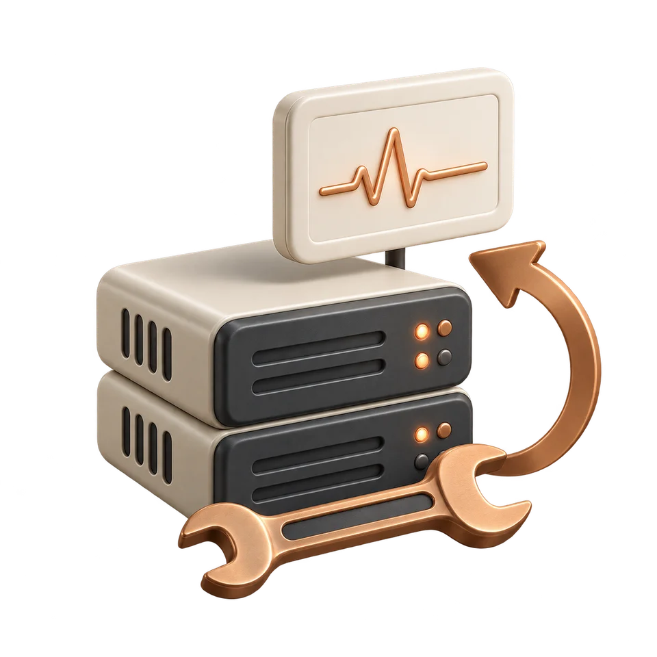 Servers, a monitoring panel and a maintenance tool represent reliable operation and continuous improvement.